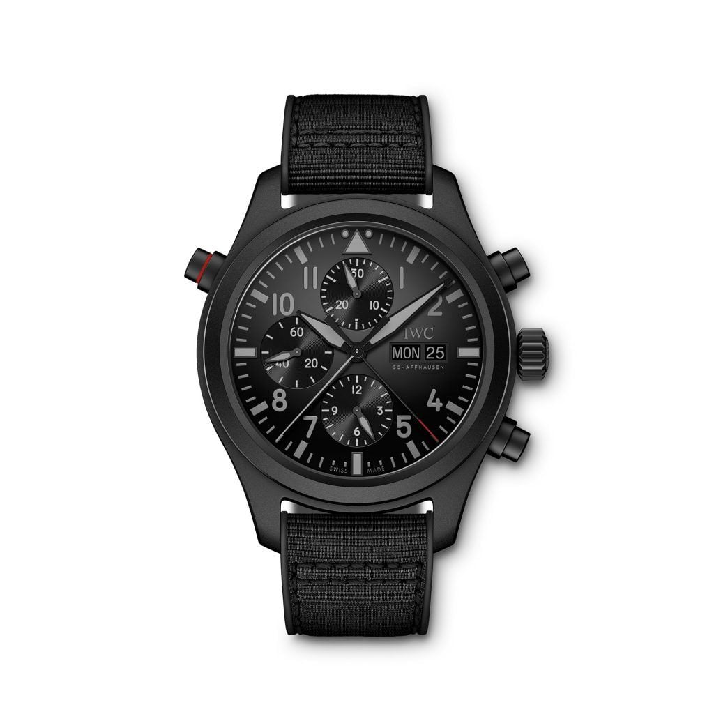 iwc Pilot's Watch Double Chronograph TOP GUN Ceratanium front blog debajo del relo