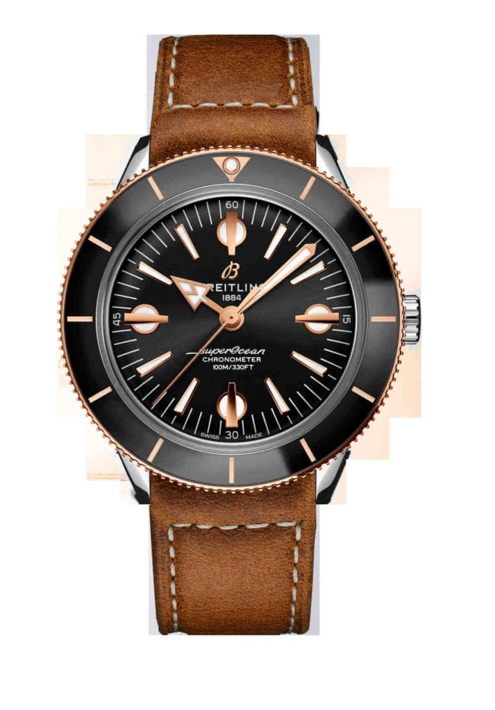08_Two-tone Superocean Heritage '57 with a black dial and gold-brown vintage inspired leather strap_U10370121B1X1