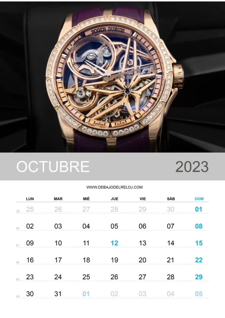 Calendario 2023 debajo del reloj octubre