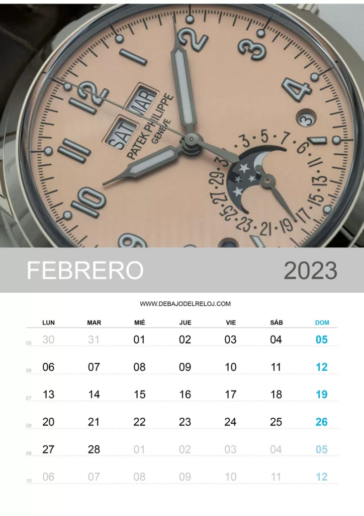 Calendario 2023 debajo del reloj febrero