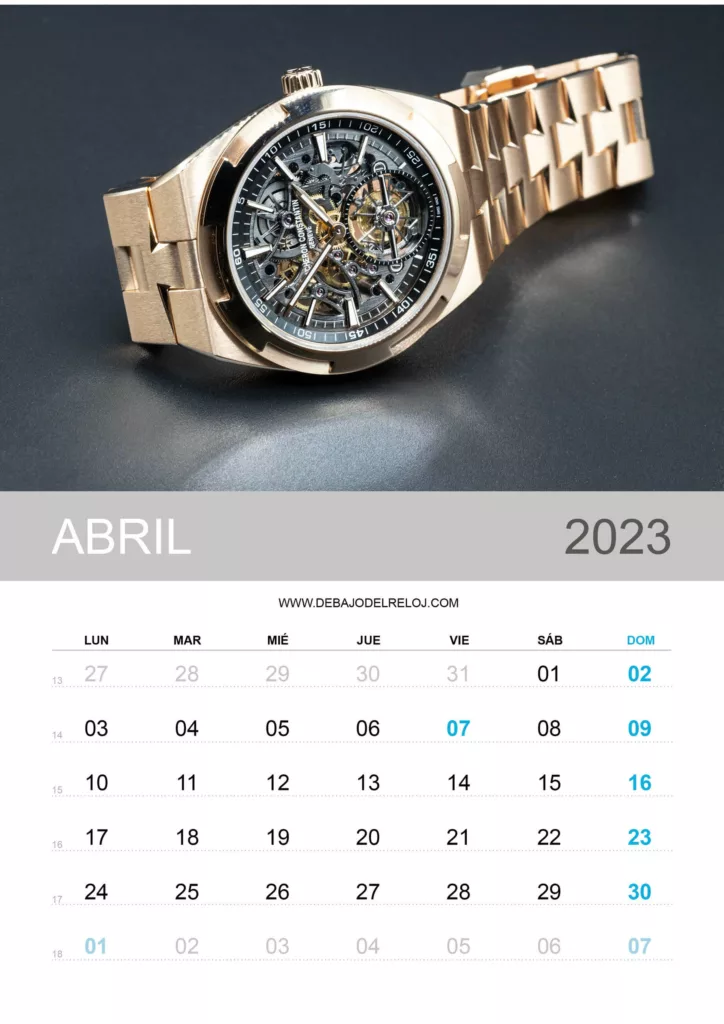 Calendario 2023 debajo del reloj abril