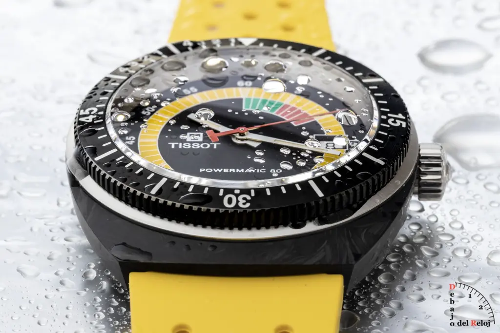 Macro shot of the Tissot Sideral with water droplets on the crystal