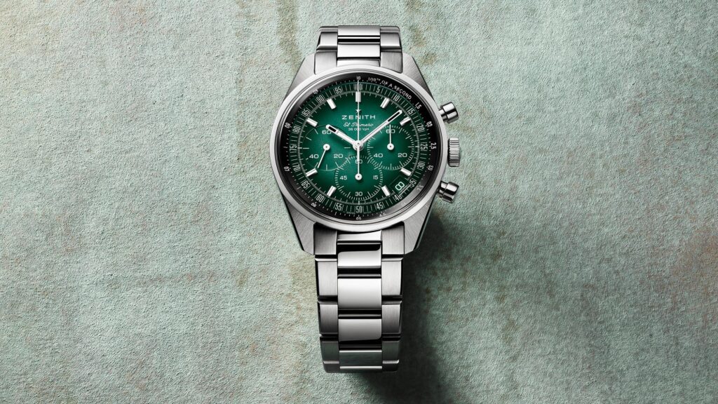 eloj Zenith Chronomaster Original Paris Edition con esfera verde verdigrís degradada y brazalete de acero.