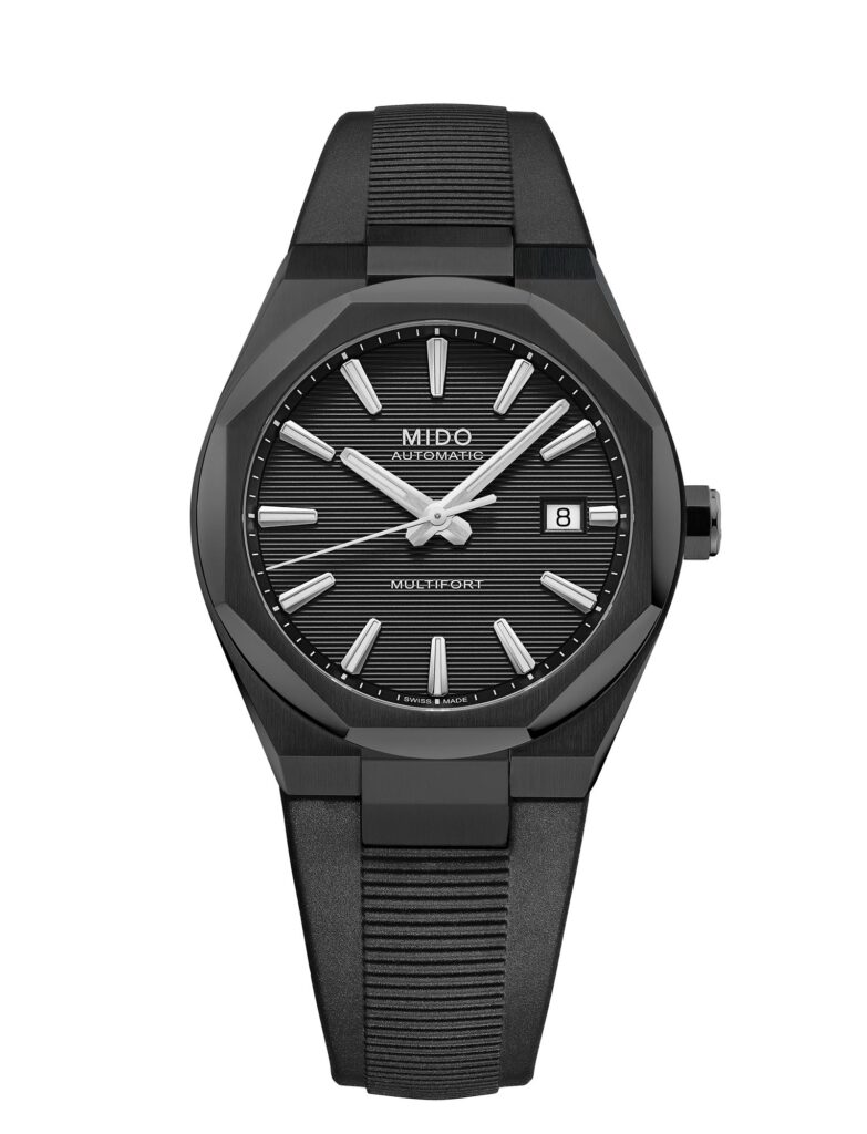 Vista frontal del reloj MIDO Multifort 8 One Crown PVD negro