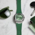 Bell & Ross BR-05 GMT Green Steel watch on a wrist with green sunray dial