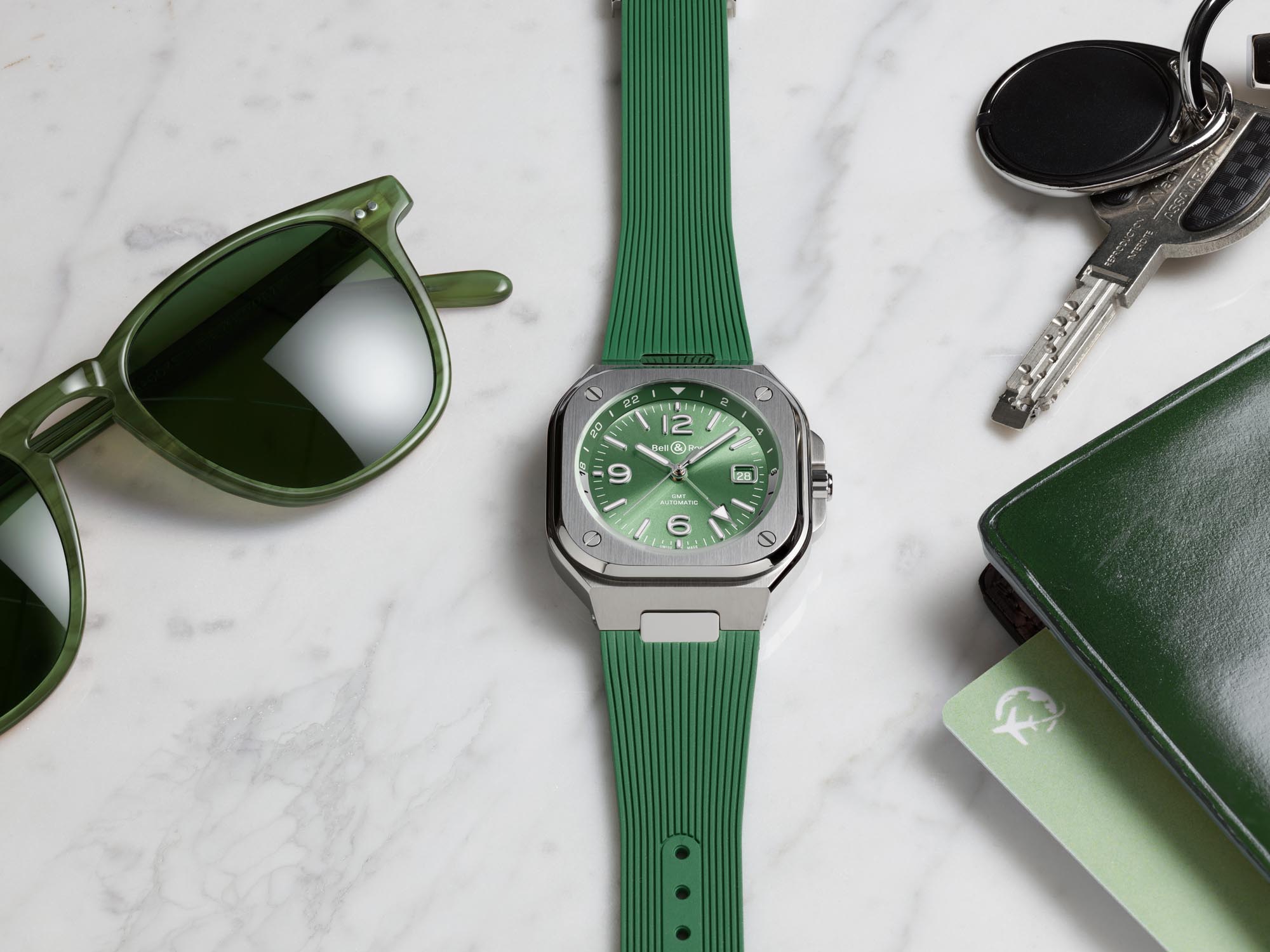 Bell & Ross BR-05 GMT Green Steel watch on a wrist with green sunray dial