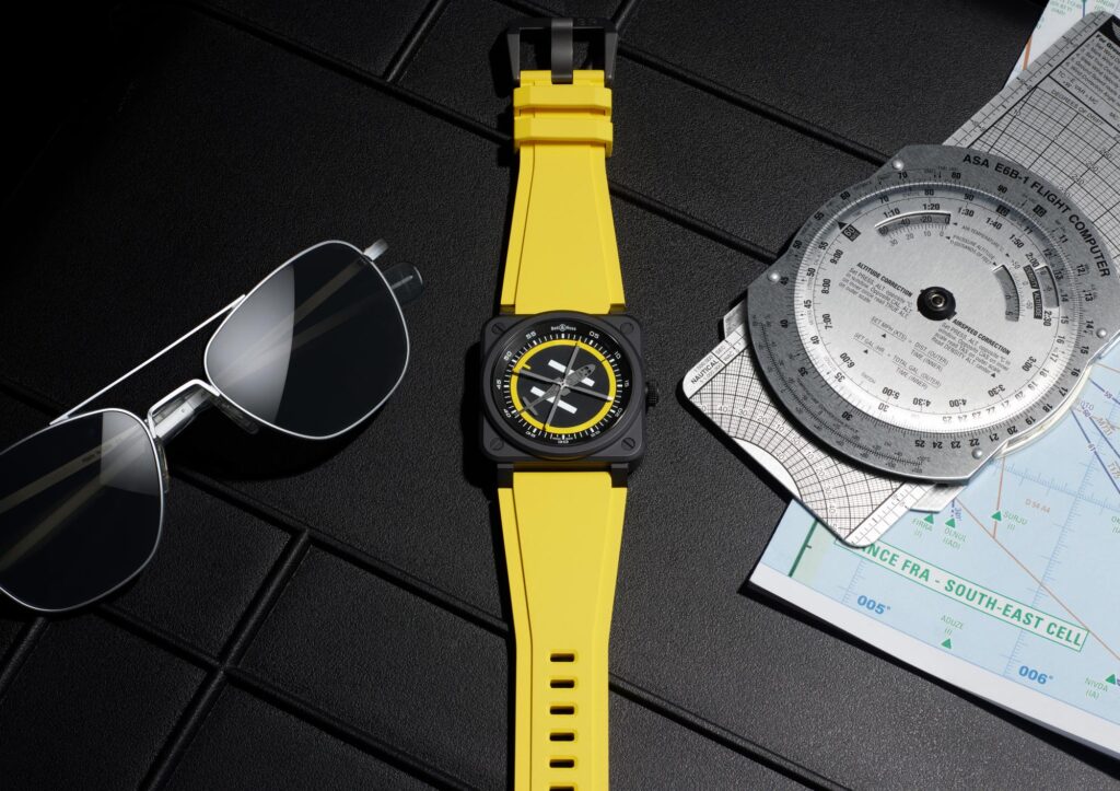 Reloj Bell and Ross BR-03 Helipad edición limitada de cerámica negra con correa de caucho amarillo 2