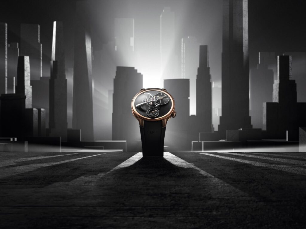 MB&F LM101 EVO NYC Edition rose gold watch with a suspended balance wheel and a black radial dial