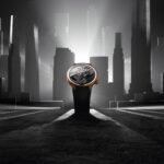 MB&F LM101 EVO NYC Edition rose gold watch with a suspended balance wheel and a black radial dial