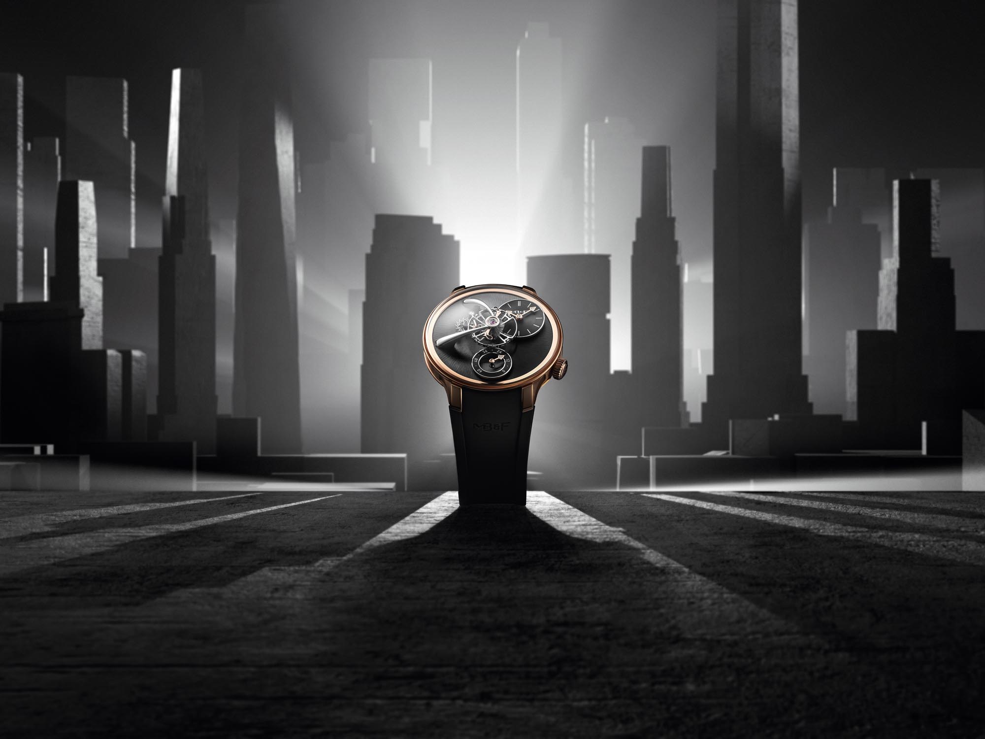 MB&F LM101 EVO NYC Edition rose gold watch with a suspended balance wheel and a black radial dial