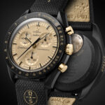 Primer plano de la esfera en oro Moonshine de 18 ct del reloj MoonSwatch Mission to the Moon 1969