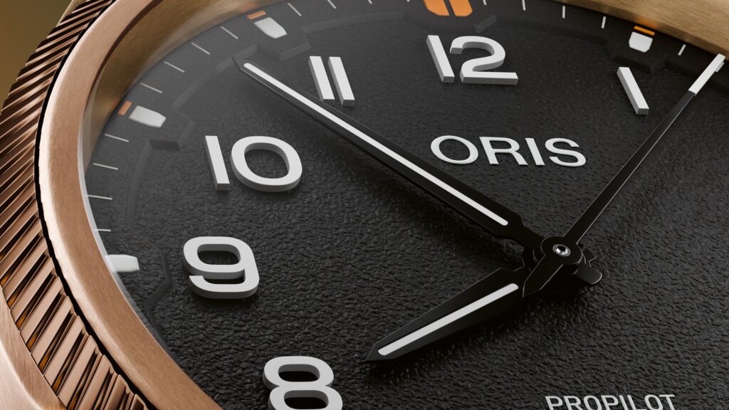 Oris ProPilot Bronze detalle esfera superior