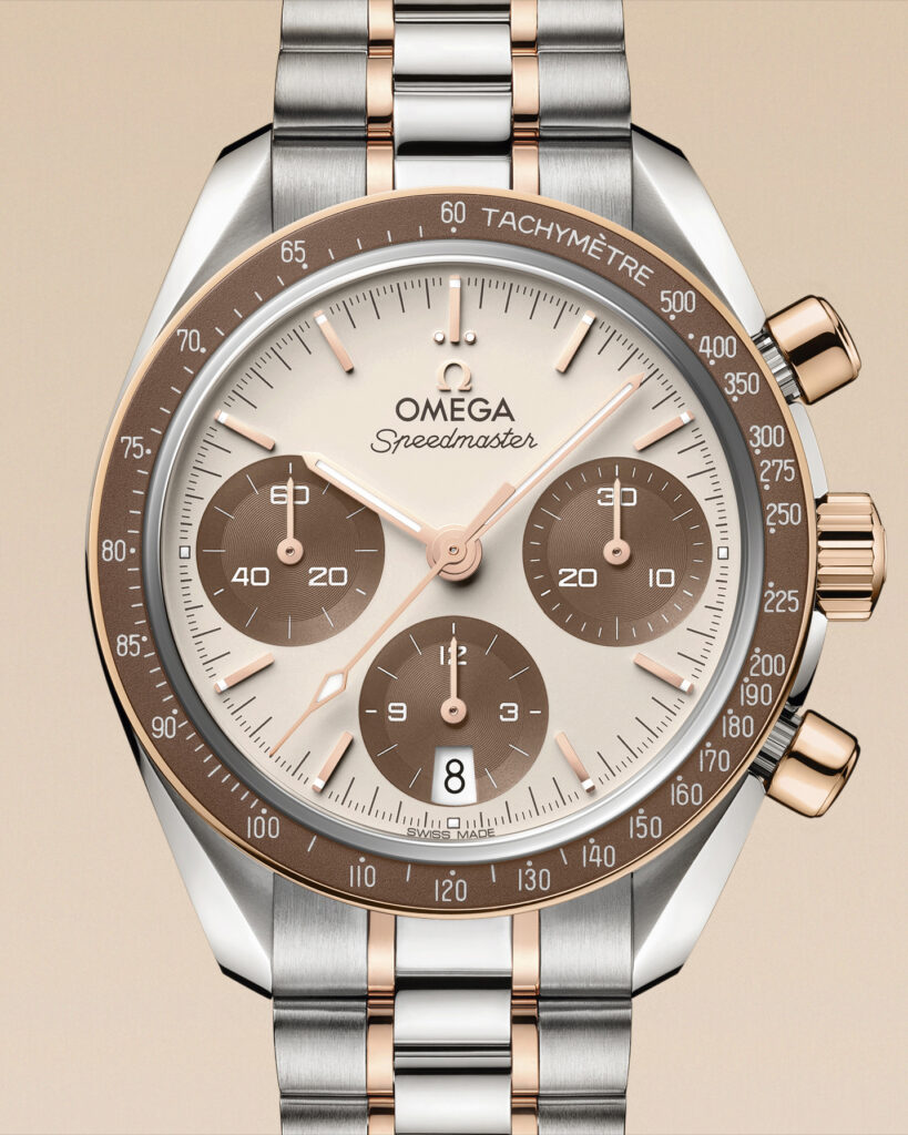 OMEGA Speedmaster 38 mm bicolor Cappuccino en acero y oro Sedna con subdiales marrones
