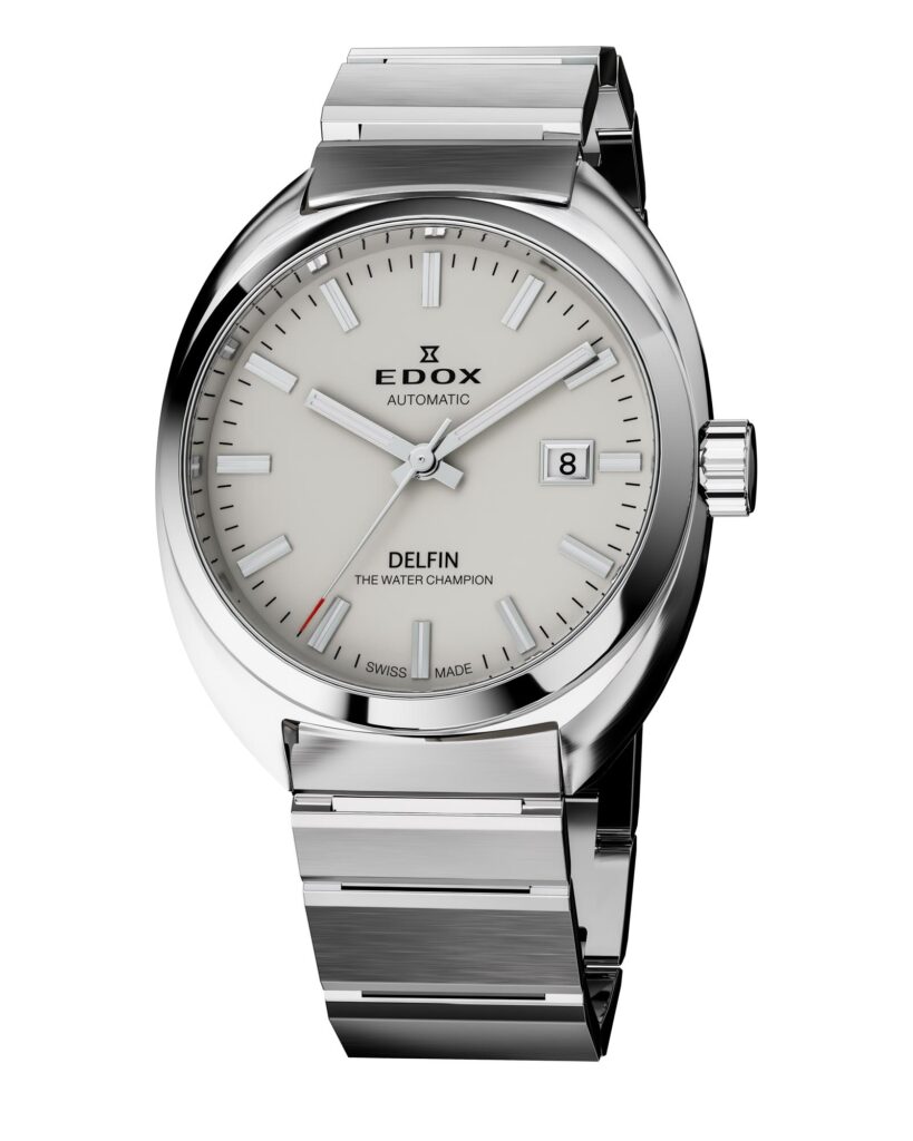 Perfil de la caja de acero y cristal de zafiro del Edox Delfin 1961 esfera crema