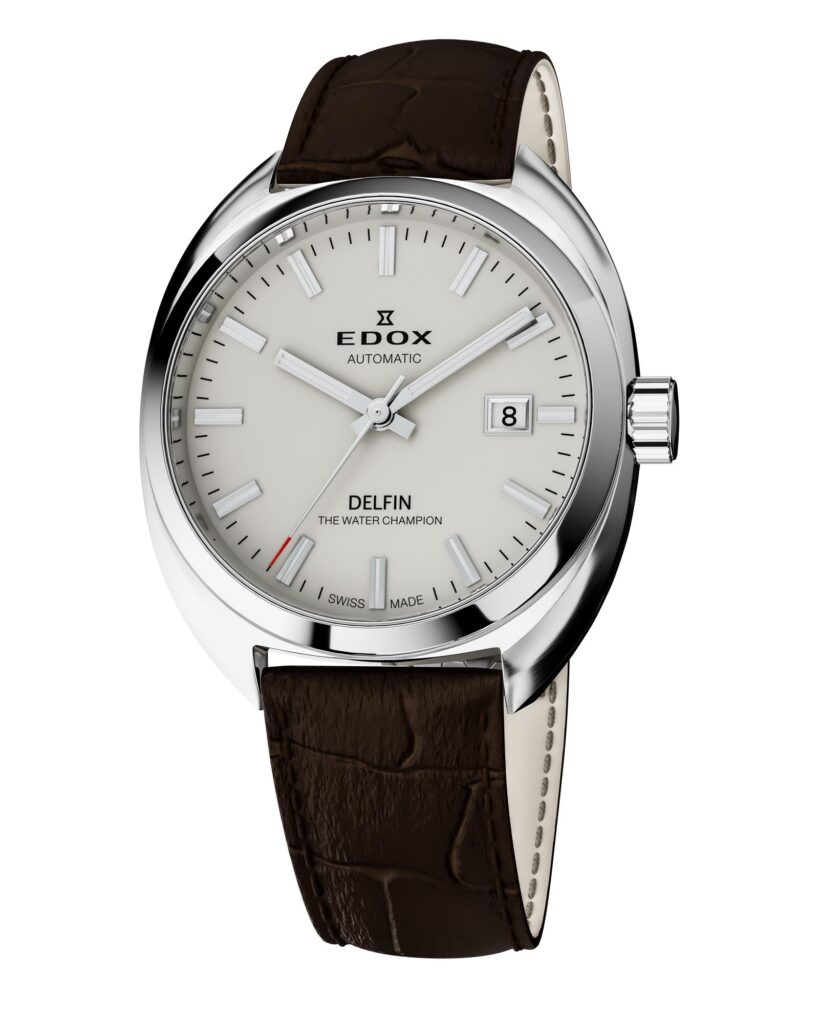 Detalle de asas y corona roscada del reloj Edox Delfin 1961