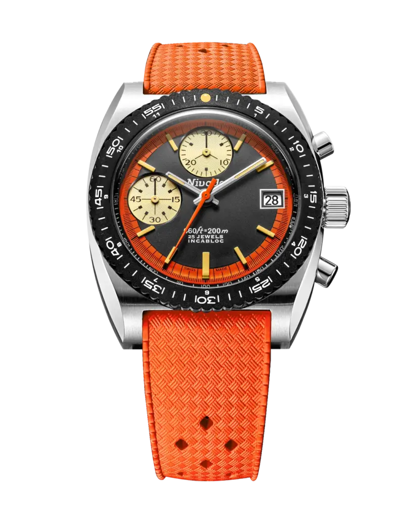 Nivada Grenchen Autochron Orange Automatic con correa de caucho estilo Tropic naranja