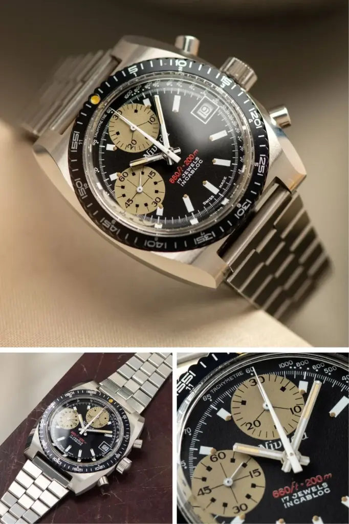 Nivada Grenchen Autochron Orange Automatic Ref. 77004A10 en muñeca con esfera en degradado naranja