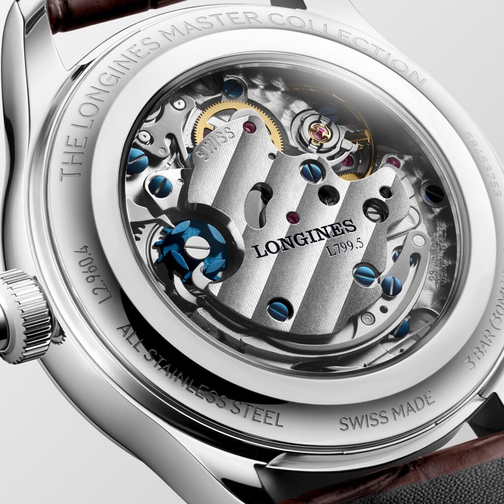 Vista posterior del Calibre exclusivo Longines L799.5 con rueda de pilares y espiral de silicio