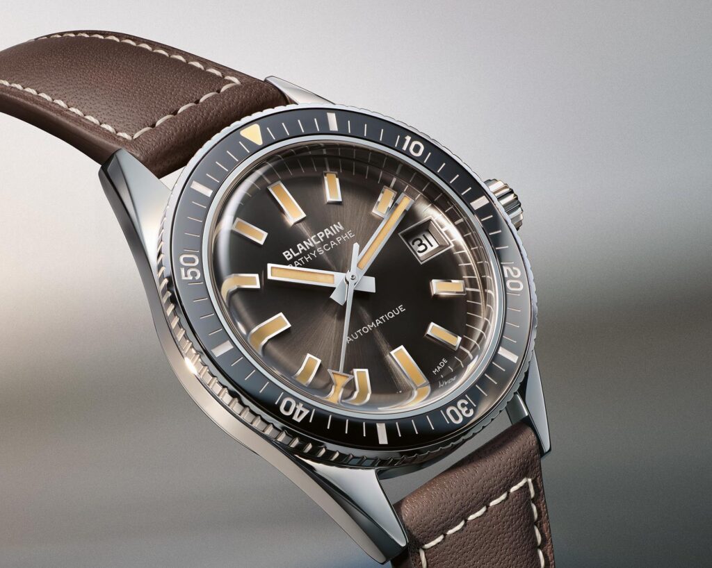 Blancpain Fifty Fathoms Bathyscaphe 70th Anniversary Ref. 5903 1110 63A con esfera gris meteorito y correa de piel chocolate