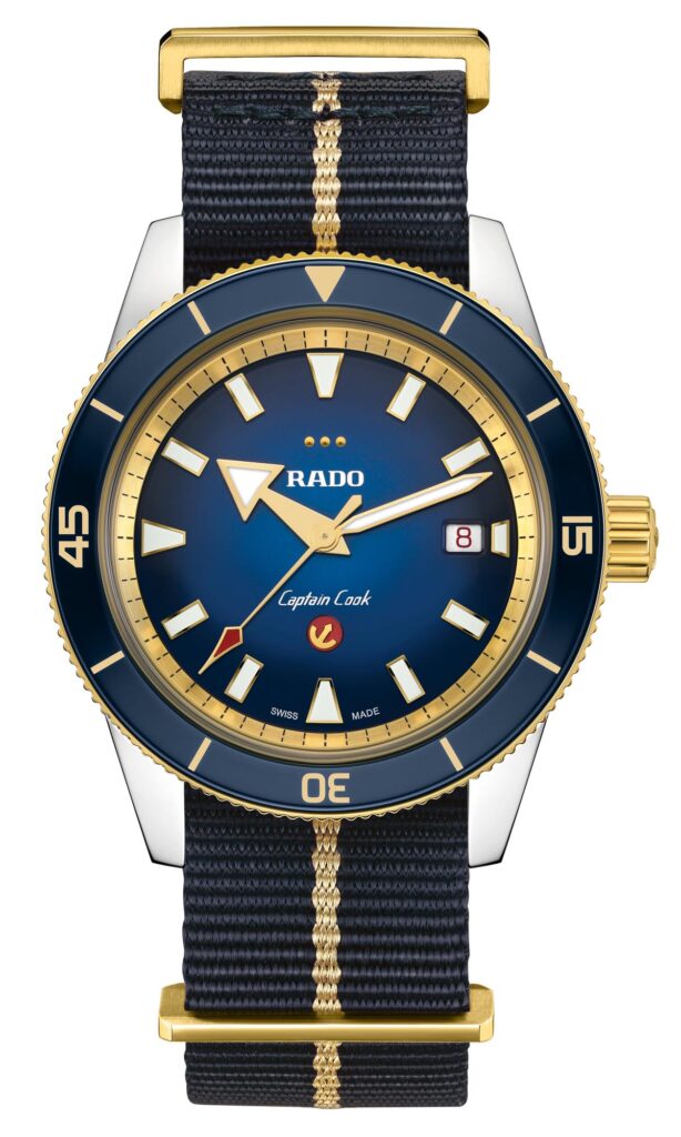 Rado Captain Cook European Cricket con correa textil NATO azul y dorada