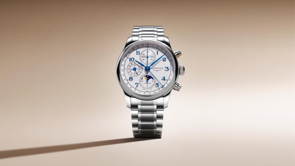Longines Master Collection Chrono Moonphase esfera plateada grano de cebada Ref L2 962 4 73 2