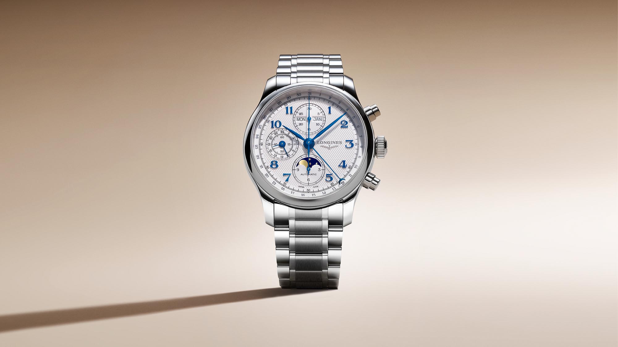 Longines Master Collection Chrono Moonphase esfera plateada grano de cebada Ref L2 962 4 73 2