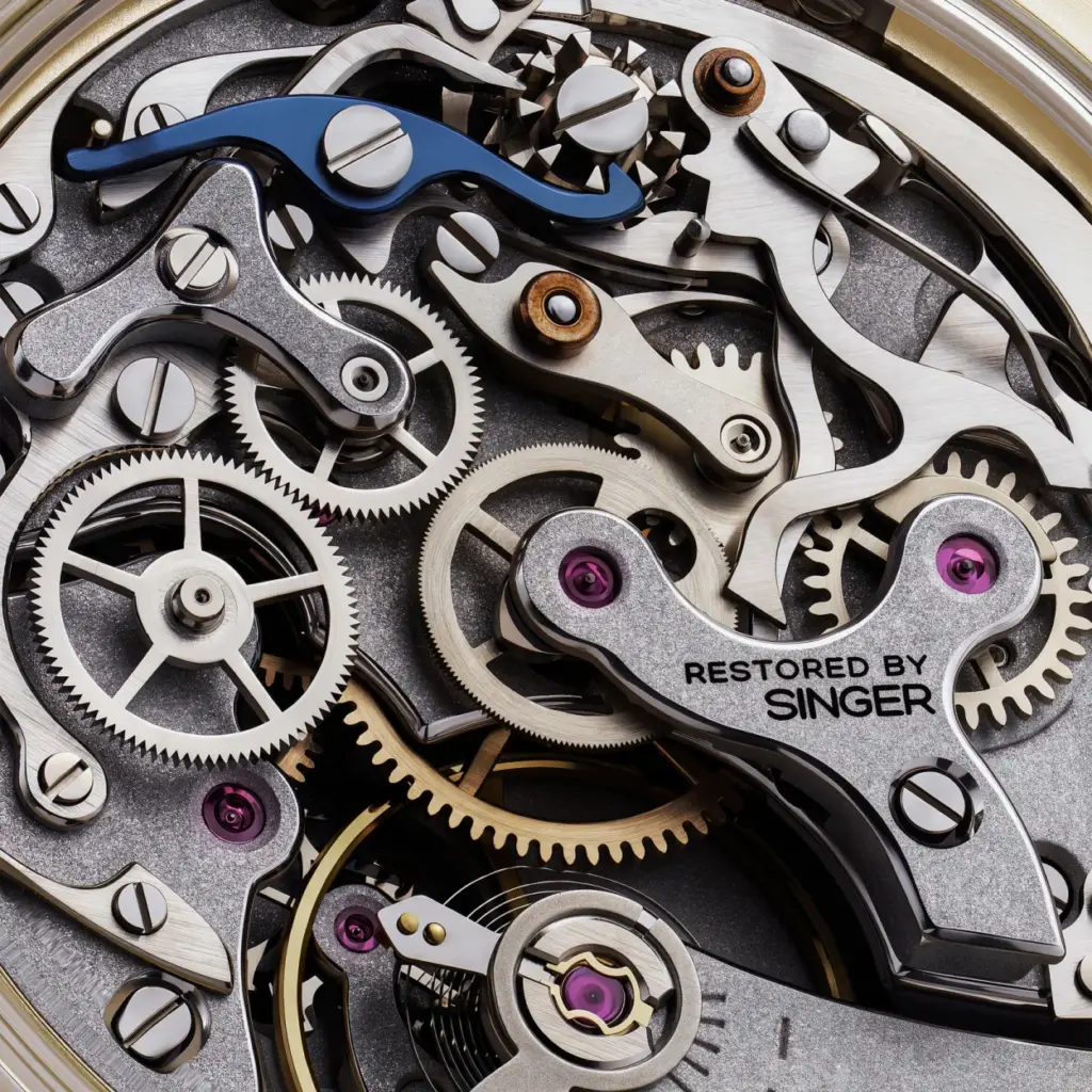 Case back view of restored Valjoux 72 movement for Singer Heritage V72 Gold