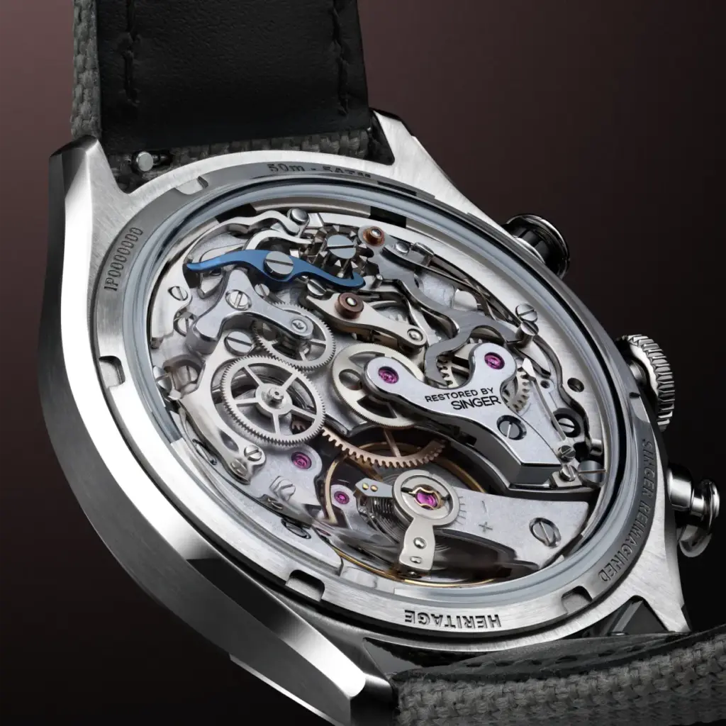 Case back view of restored Valjoux 72 movement for Singer Heritage V72 Steel