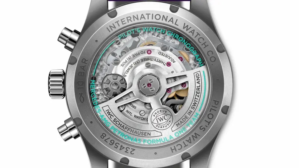 IWC Reloj de Aviador Cronógrafo 41 Mercedes-AMG PETRONAS Formula One 2026 detalle parte trasera