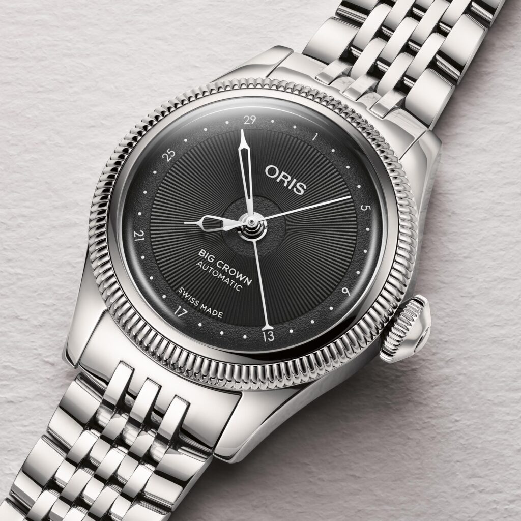 Oris Big Crown Pointer Date 29 mm detalle esfera negra