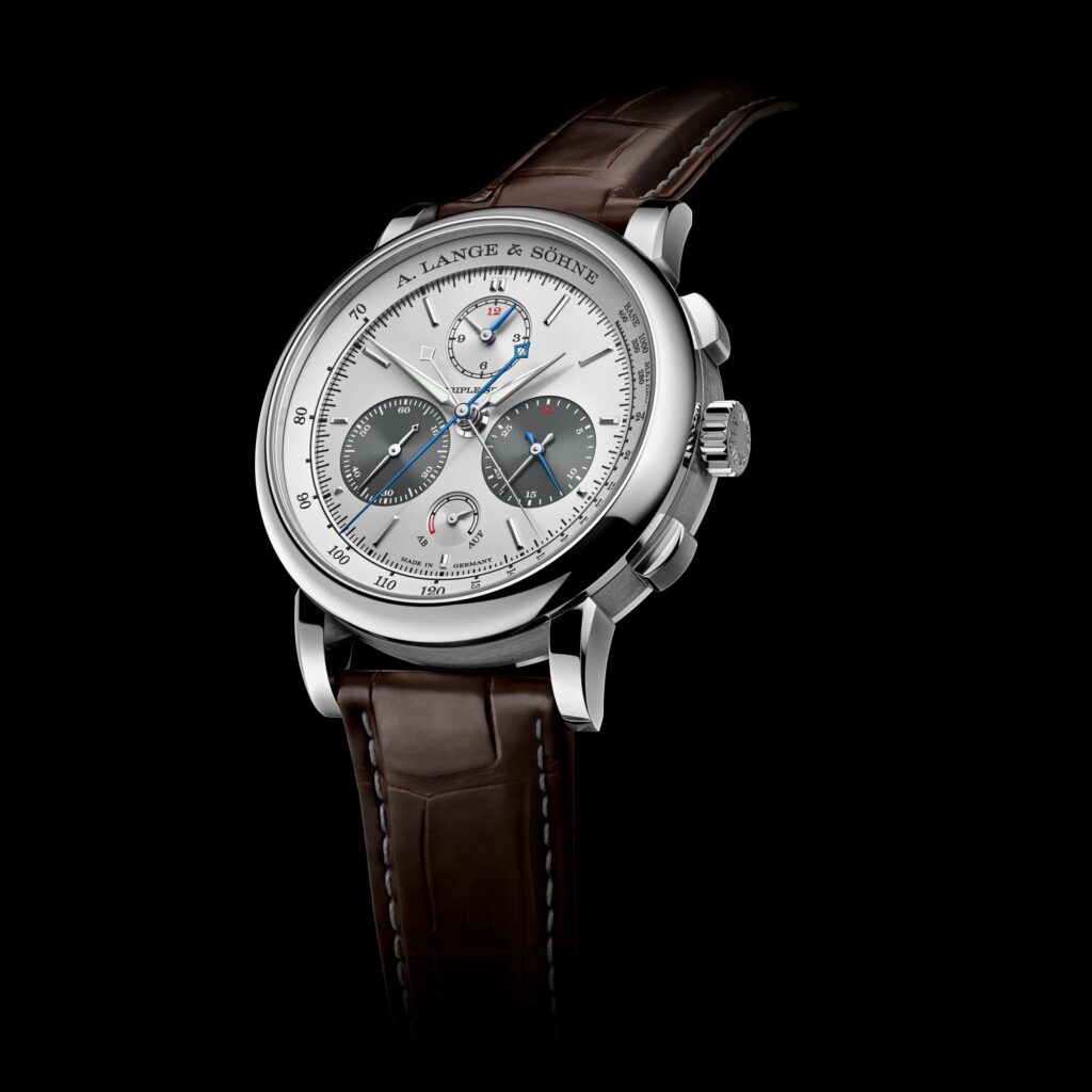 A. Lange & Söhne TRIPLE SPLIT en platino 950 detalle de la esfera rodinizada y subdiales grises