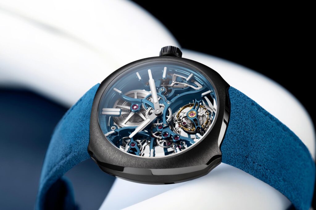 H. Moser & Cie. Streamliner Tourbillon Skeleton Ceramic Alpine side profile angle