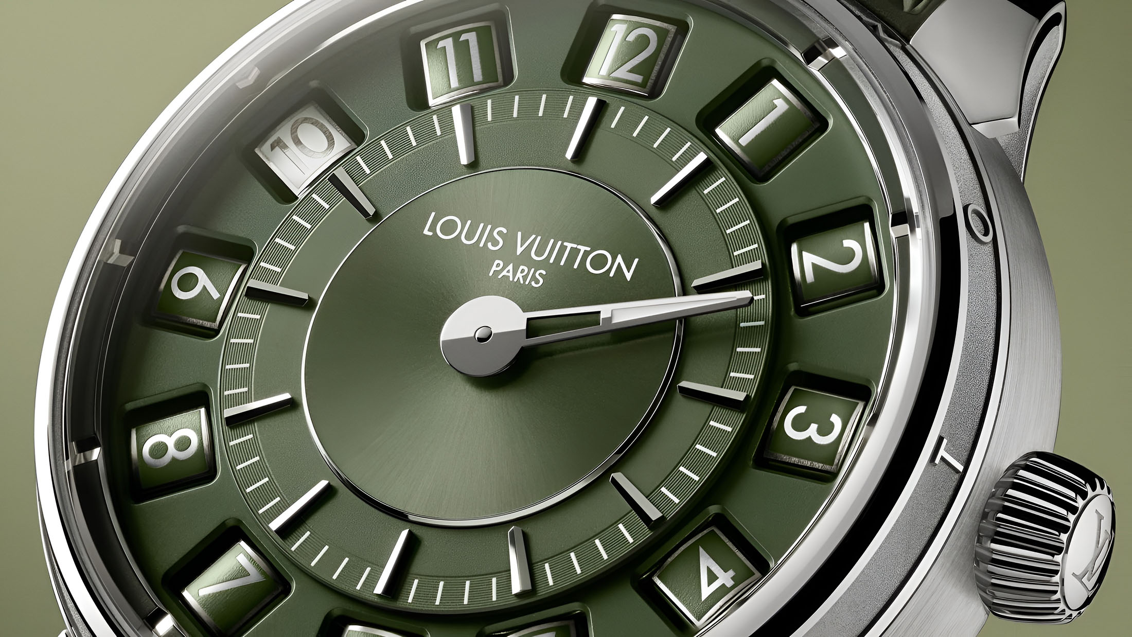 Louis Vuitton Tambour Spin Time Green en caja de oro blanco