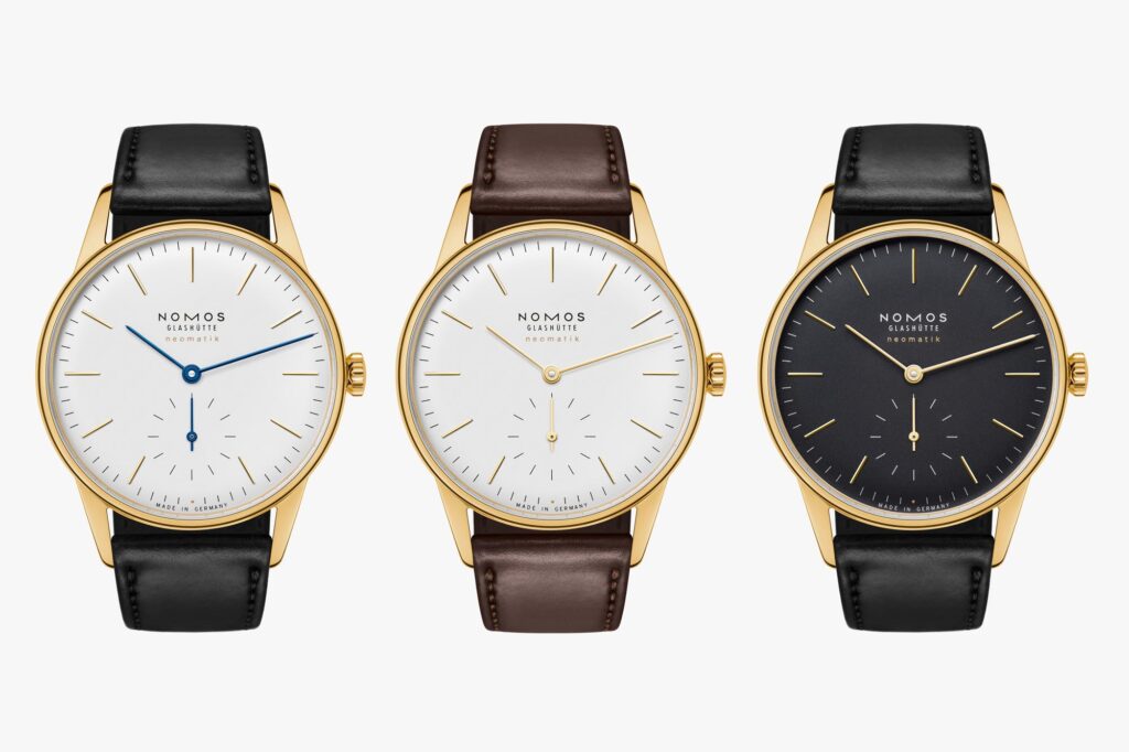 Trilogía de relojes NOMOS Orion Gold Neomatik con caja en oro macizo de 18 quilates