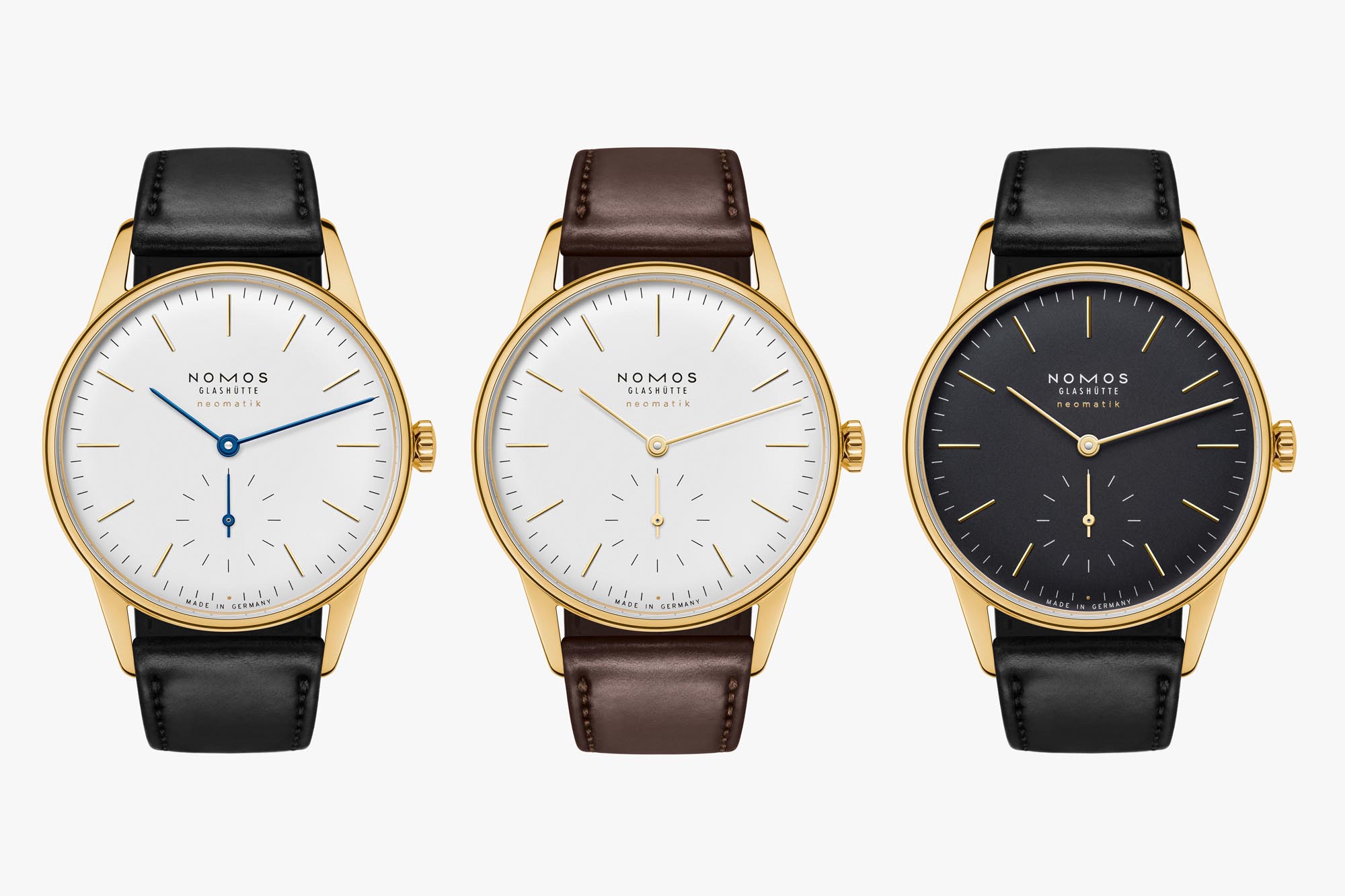 Trilogía de relojes NOMOS Orion Gold Neomatik con caja en oro macizo de 18 quilates