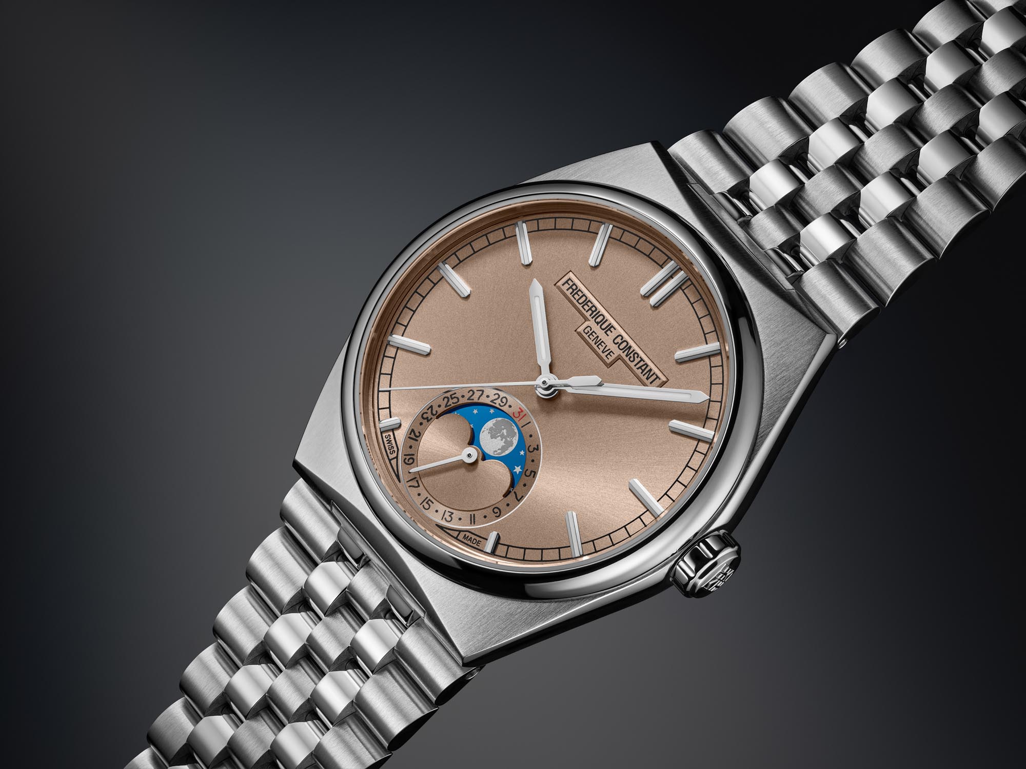 Frederique Constant Highlife Moonphase Date Manufacture en acero de 39 mm con esfera azul y complicación de fase lunar.