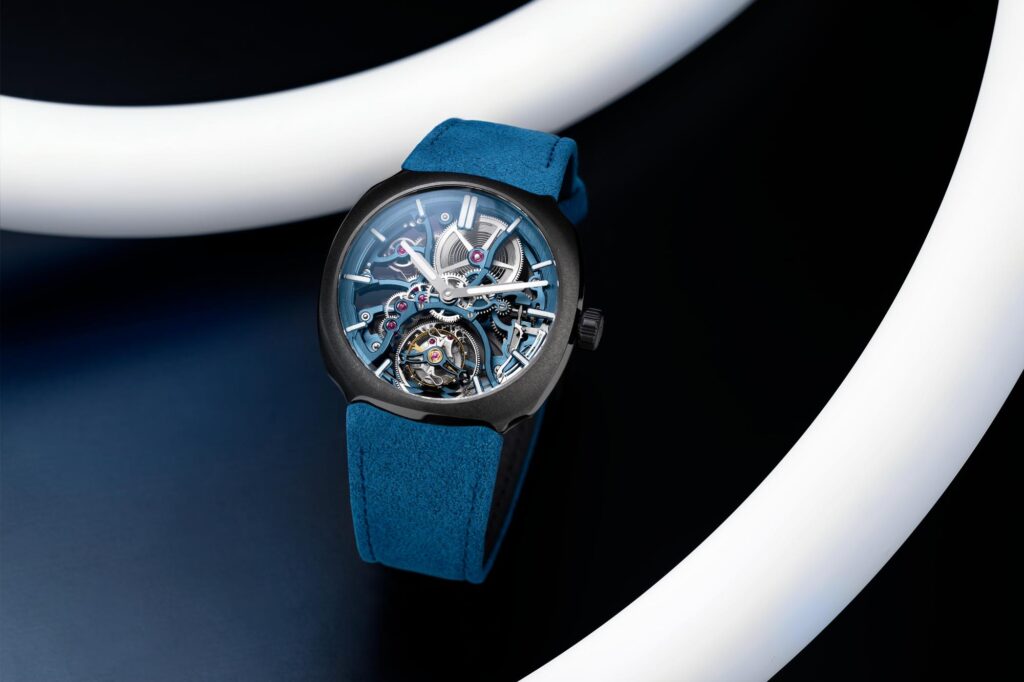 H. Moser & Cie. Streamliner Tourbillon Skeleton Ceramic Alpine Limited Edition front view showing the anthracite grey ceramic case and skeletonized blue mainplate