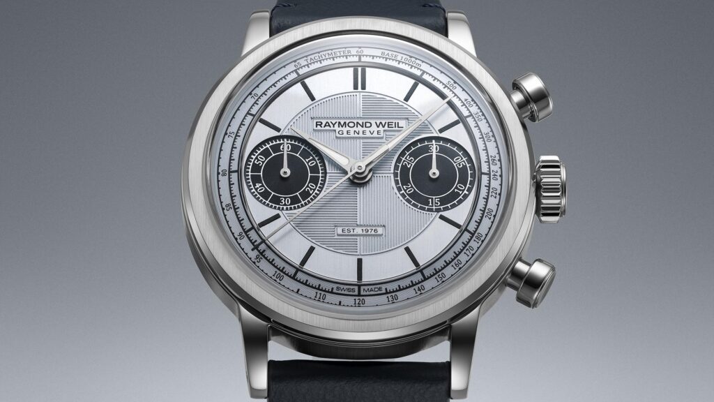RAYMOND WEIL millesime Jubilee chronograph watch with light blue dial and midnight blue subdials.