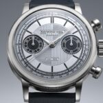 RAYMOND WEIL millesime Jubilee chronograph watch with light blue dial and midnight blue subdials.