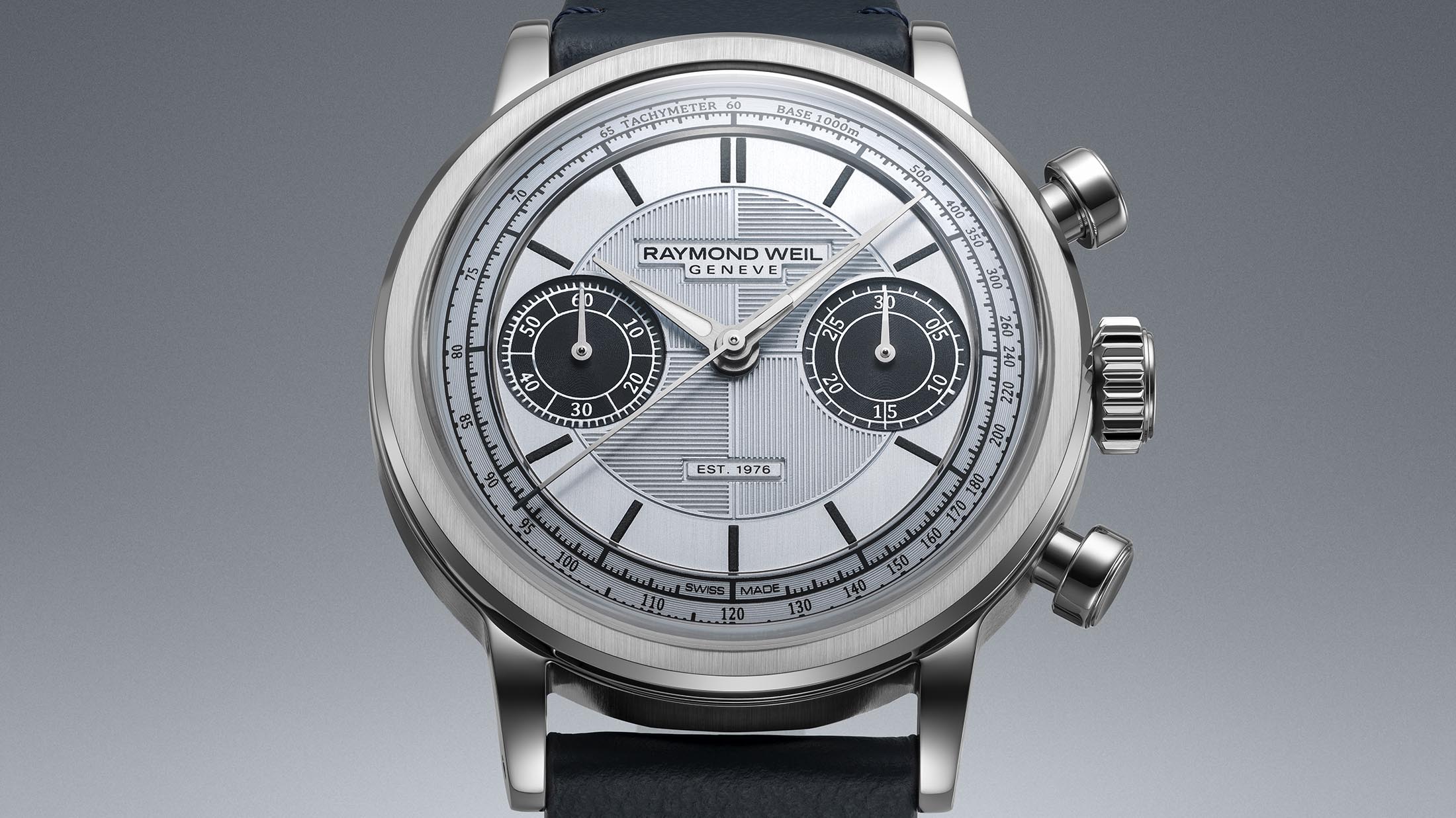 RAYMOND WEIL millesime Jubilee chronograph watch with light blue dial and midnight blue subdials.