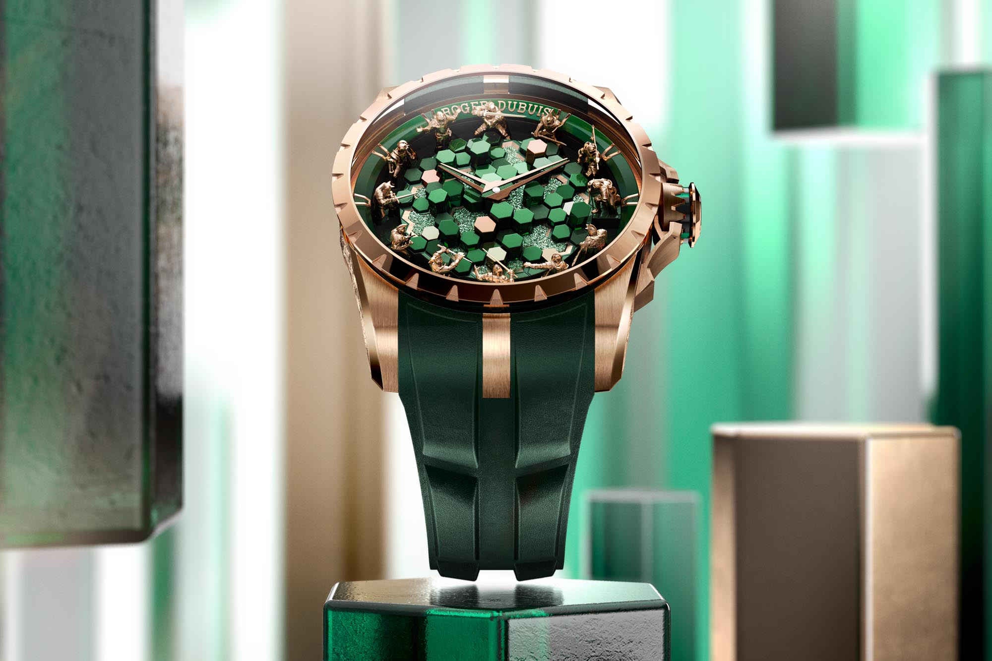 Reloj Roger Dubuis Knights of the Round Table Metamorph Merlin en oro rosa con esfera tridimensional verde