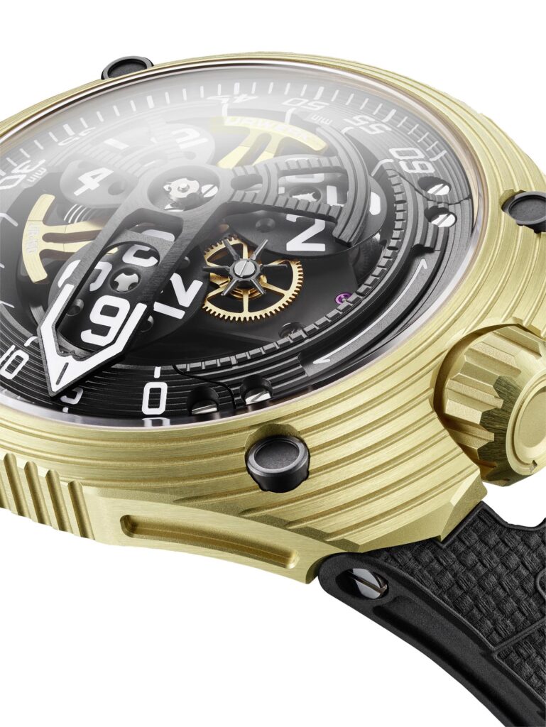 URWERK UR-150 Golden Scorpion en oro amarillo detalle lateral
