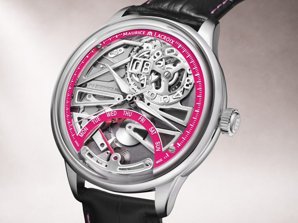 "Detalle de la esfera de zafiro transparente y el calibre ML302 del Maurice Lacroix 1975 Master Grand Date Retrograde Watches for ELA.