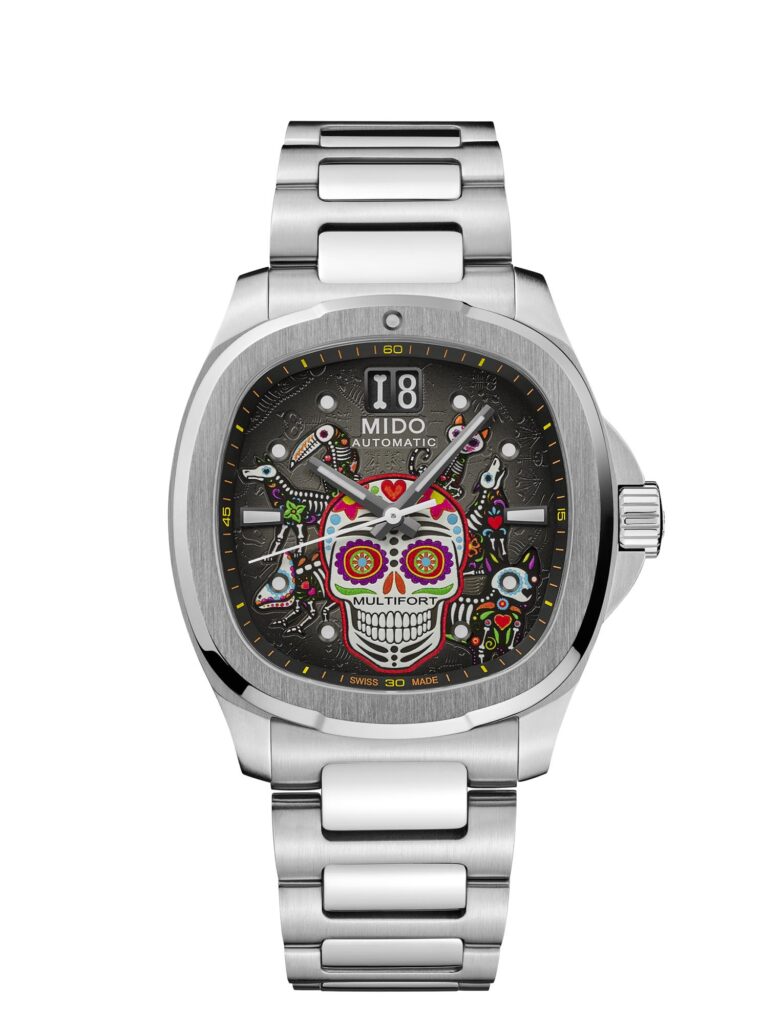 MIDO Multifort TV Big Date Dia de los Muertos ALEBRIJES Ref. M049.526.11.081.02 on steel bracelet