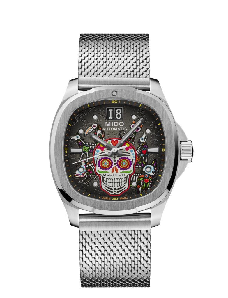 MIDO Multifort TV Big Date Dia de los Muertos ALEBRIJES Ref. M049.526.11.081.02 on Milanese mesh