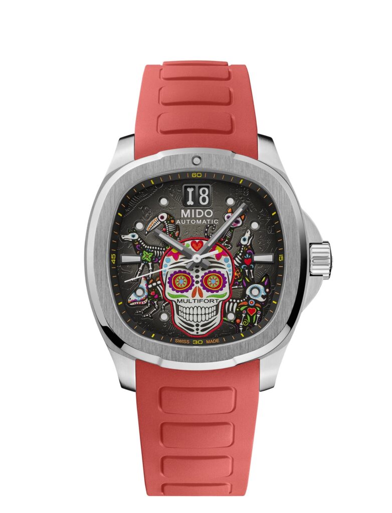 MIDO Multifort TV Big Date Dia de los Muertos ALEBRIJES Ref. M049.526.11.081.02 on red rubber strap