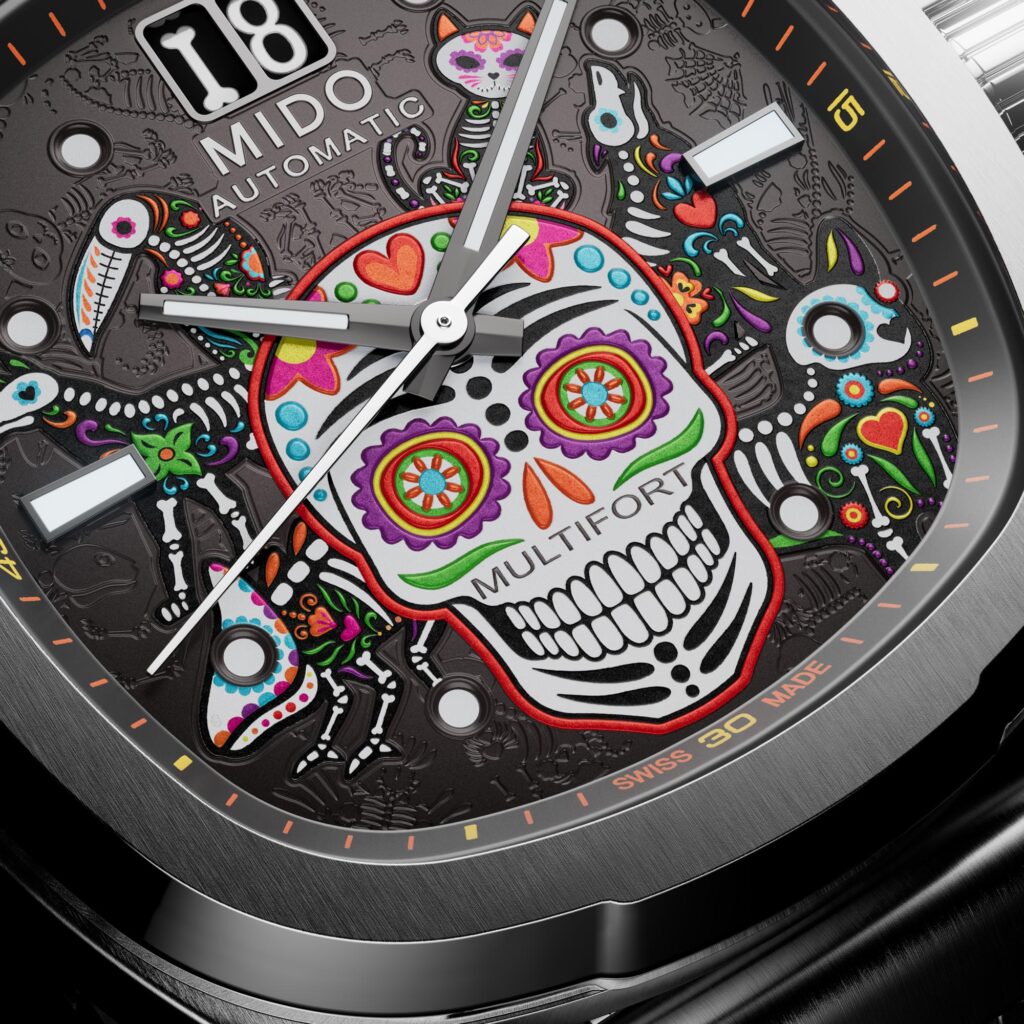 MIDO Multifort TV Big Date Dia de los Muertos ALEBRIJES Ref. M049.526.11.081.02 dial detail
