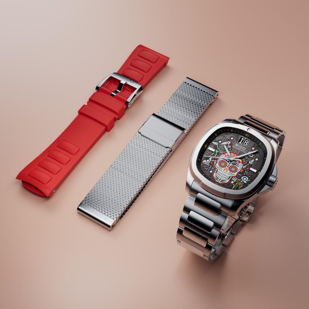 MIDO Multifort TV Big Date Dia de los Muertos ALEBRIJES Ref. M049.526.11.081.02 with all three strap options