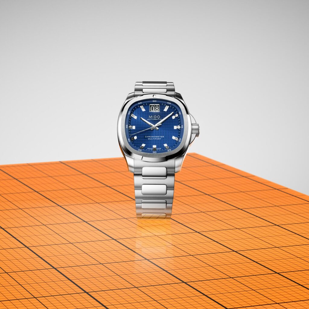 MIDO Multifort TV Big Date Chronometer COSC with blue checkerboard dial and steel bracelet