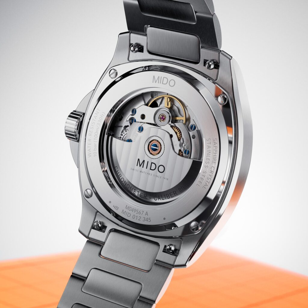 Case back view of the Caliber 80 COSC featuring blued screws and Côtes de Genève